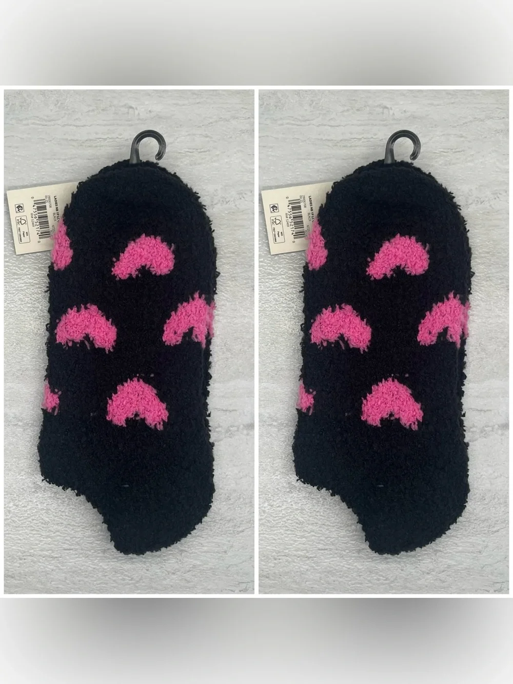 💫 $3 Two Pairs of Fuzzy Socks by No Boundaries ~ Black with Pink Hearts NWT